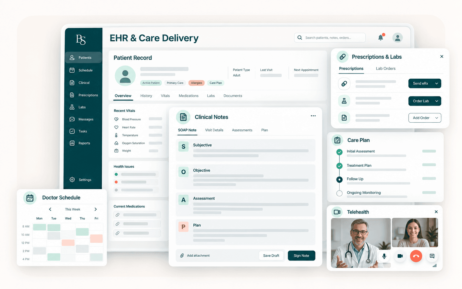 BioScalers EHR and Care Delivery workspace showing patient records, clinical notes, care plans, prescriptions and labs, doctor scheduling, and telehealth