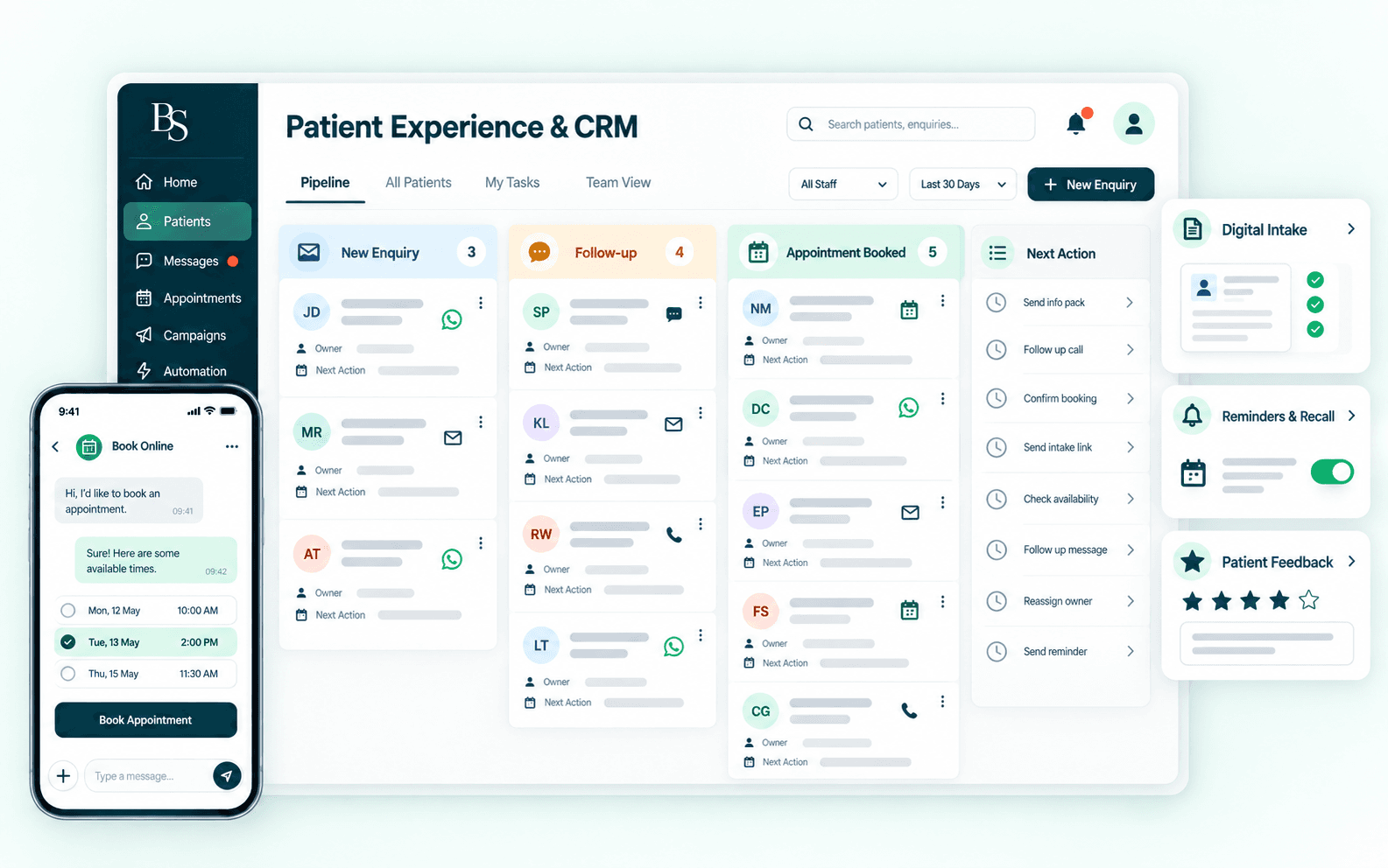 BioScalers Patient Experience and CRM workspace showing enquiries, conversations, appointment booking, digital intake, reminders and recall, and patient feedback